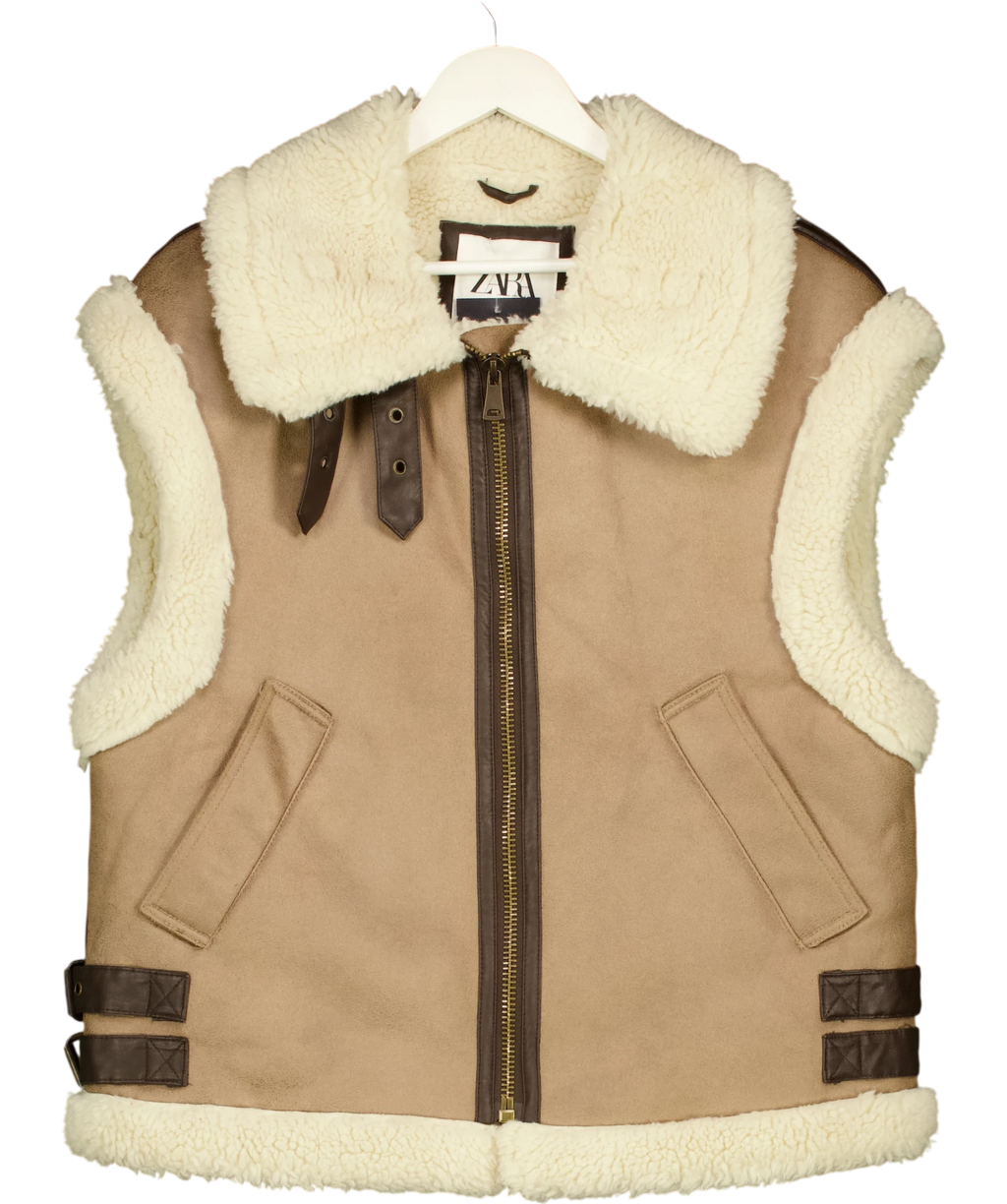 ZARA Faux Shearling Double-faced Gilet Brown UK M — Front