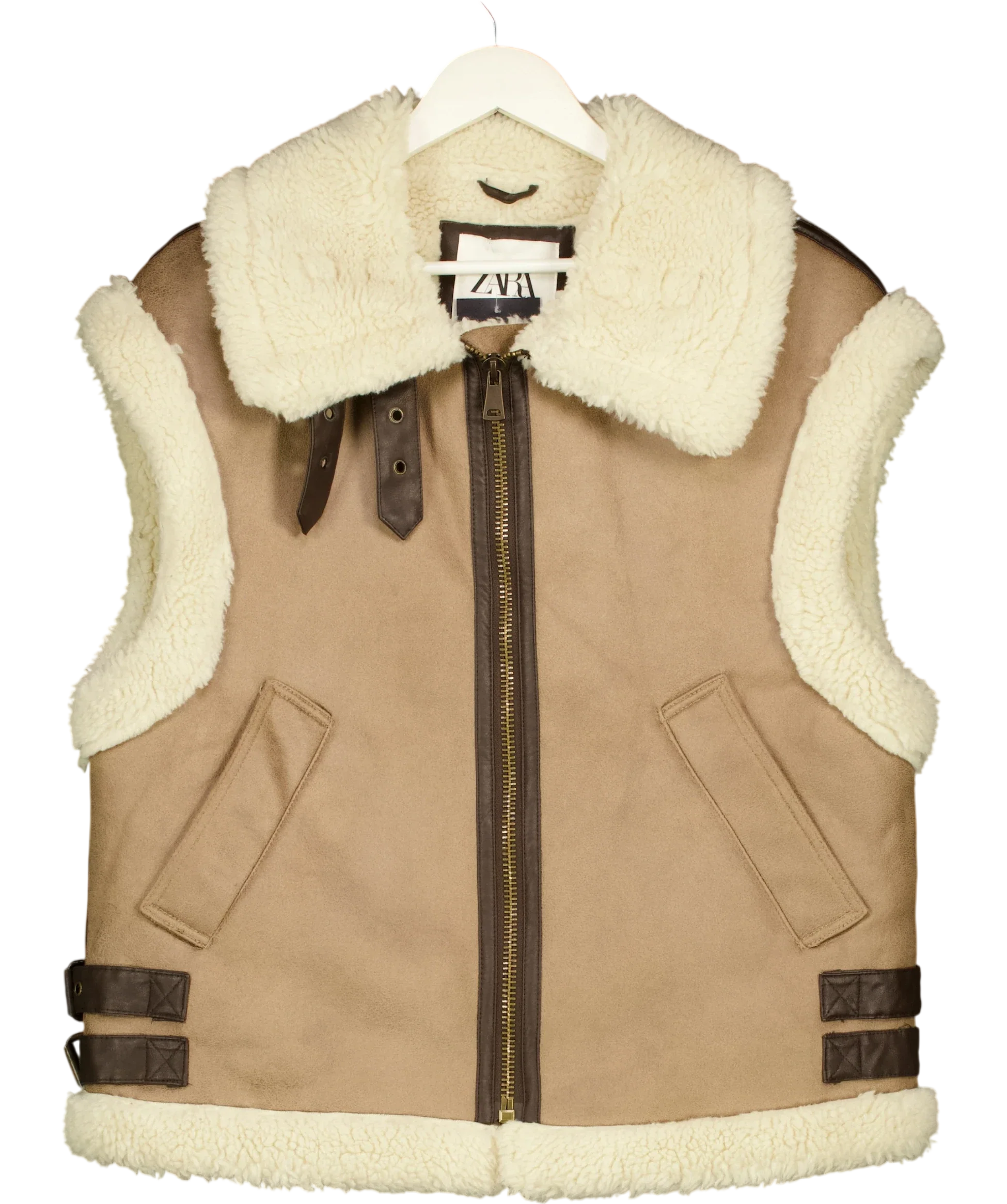 ZARA Faux Shearling Double-faced Gilet Brown UK M — Front