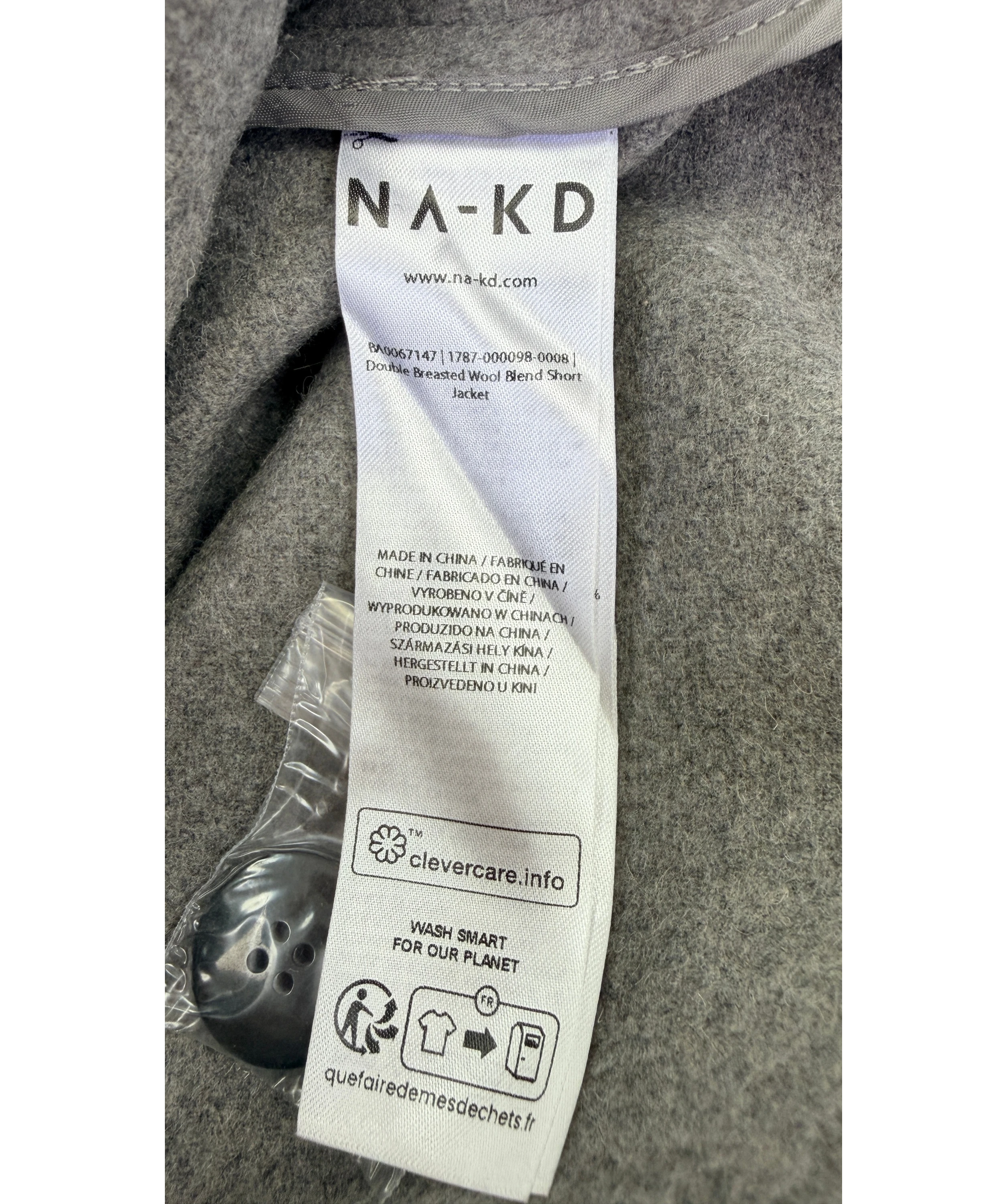 NA-KD Double Breasted Wool Blend Short Jacket With Scarf Grey 36 UK 8