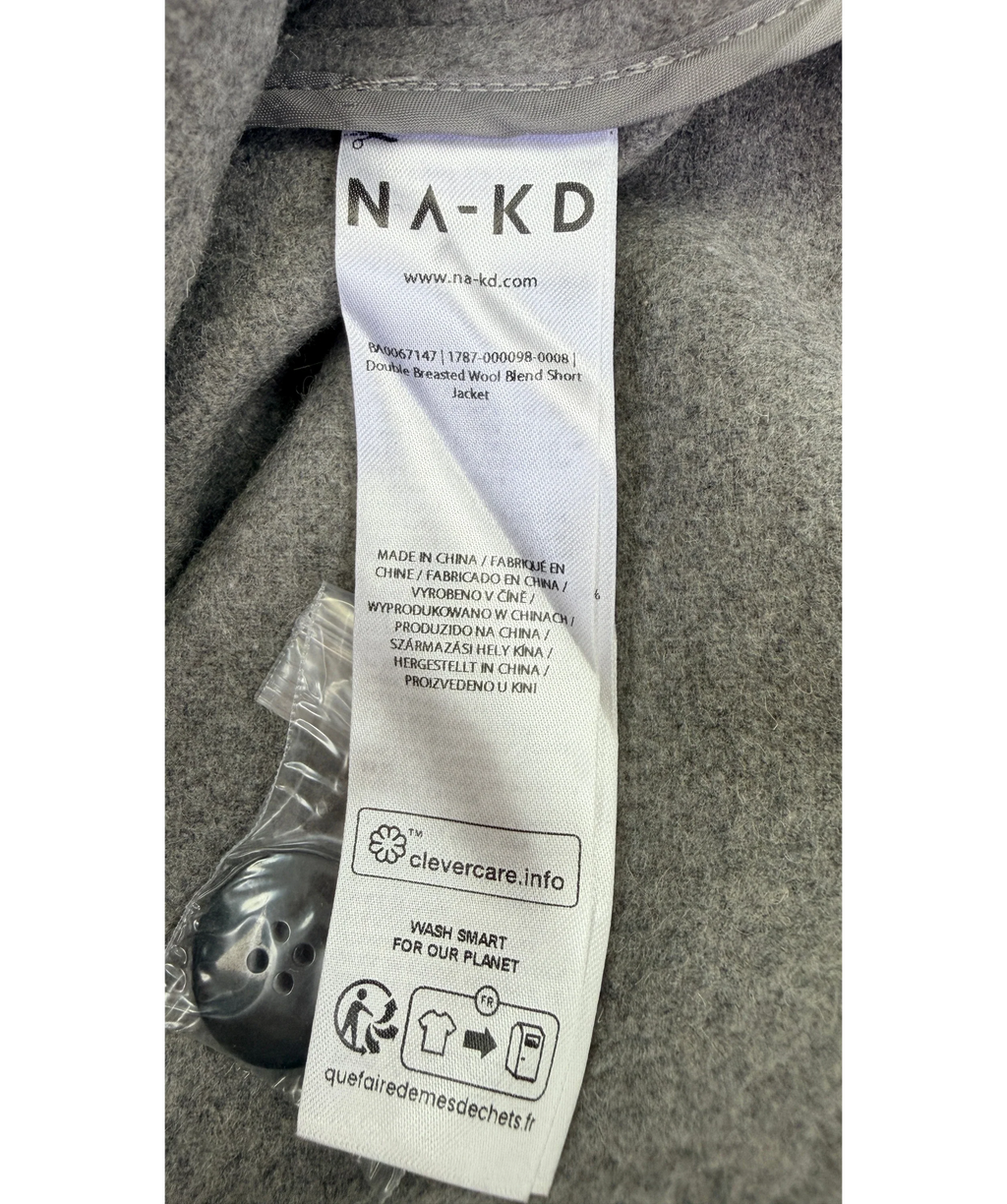 NA-KD Double Breasted Wool Blend Short Jacket With Scarf Grey 36 UK 8