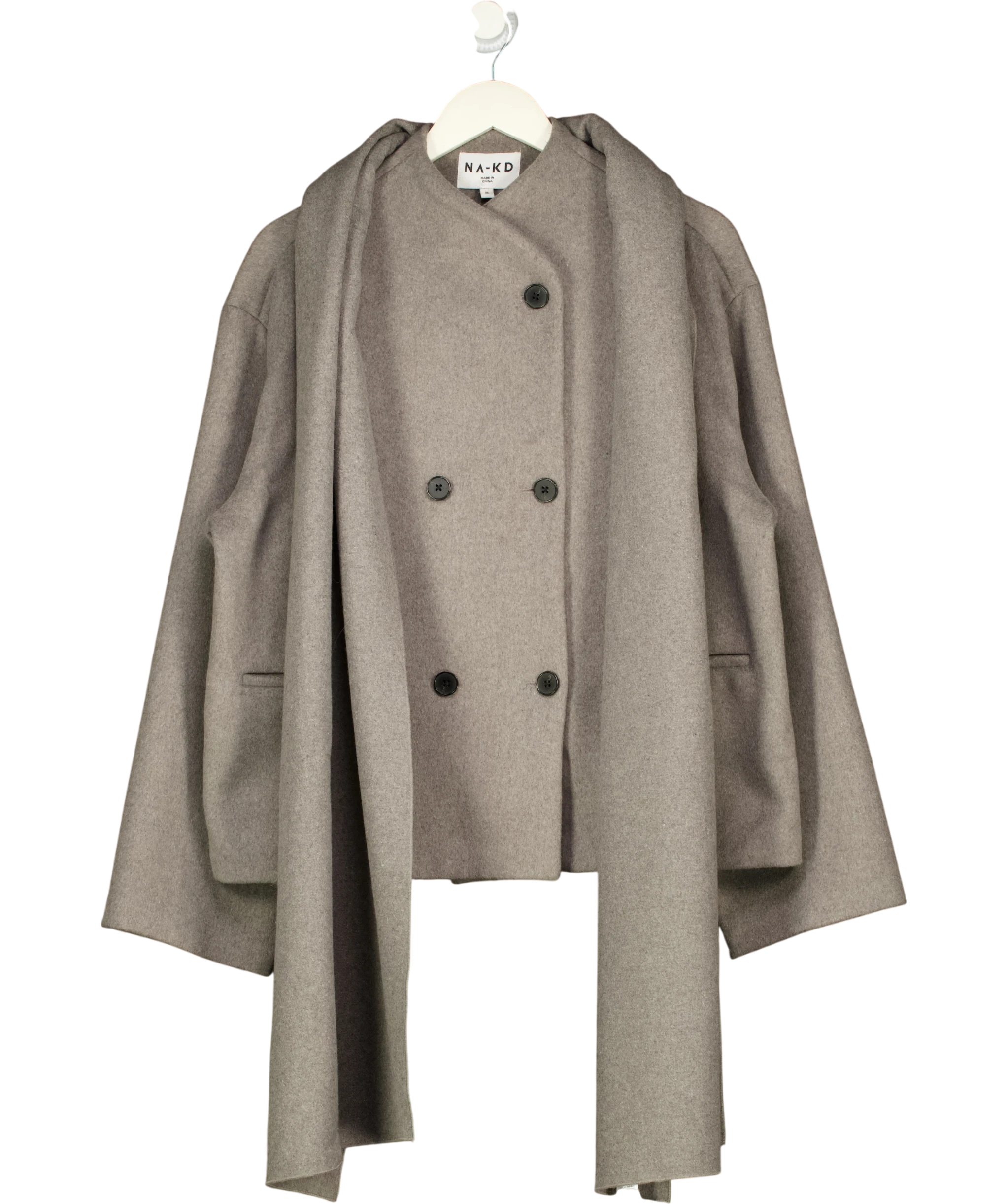 NA-KD Double Breasted Wool Blend Short Jacket With Scarf Grey 36 UK 8