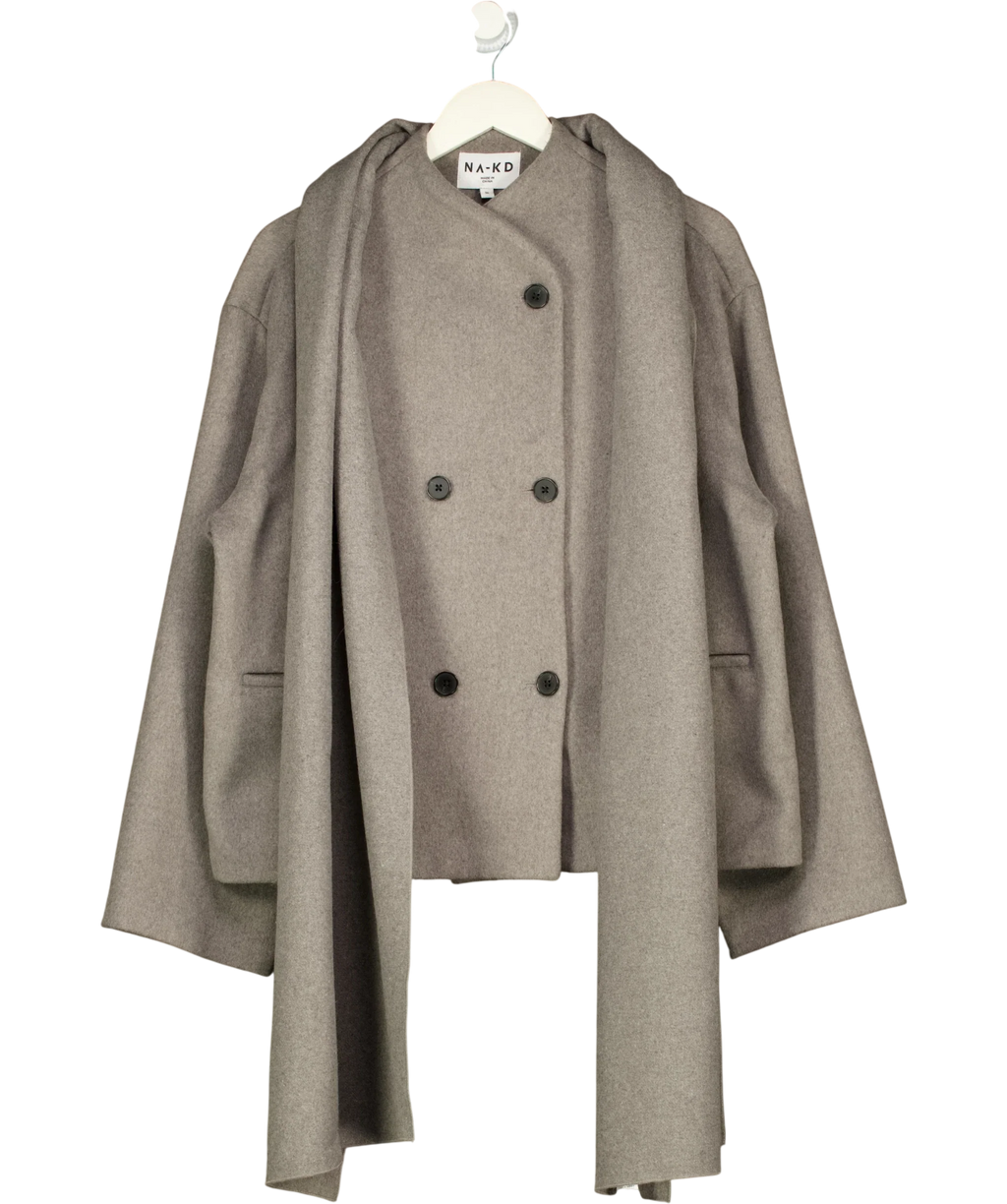 NA-KD Double Breasted Wool Blend Short Jacket With Scarf Grey 36 UK 8
