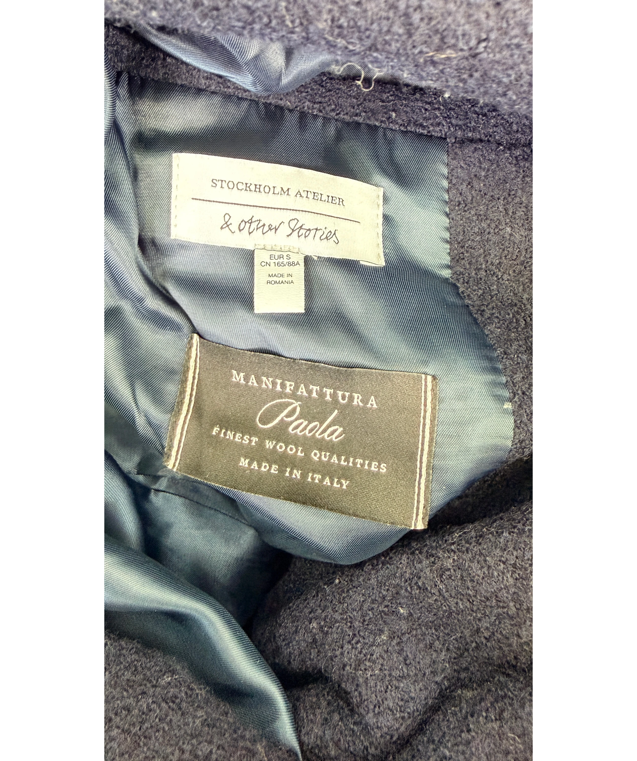 & OTHER STORIES Voluminous Belted Wool Coat Navy Blue UK S