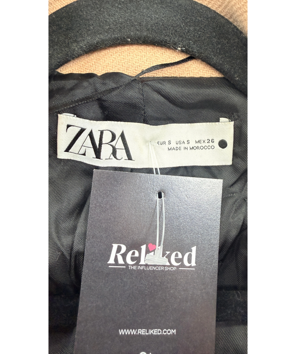ZARA Belted Wool Blend Coat Camel Beige UK S