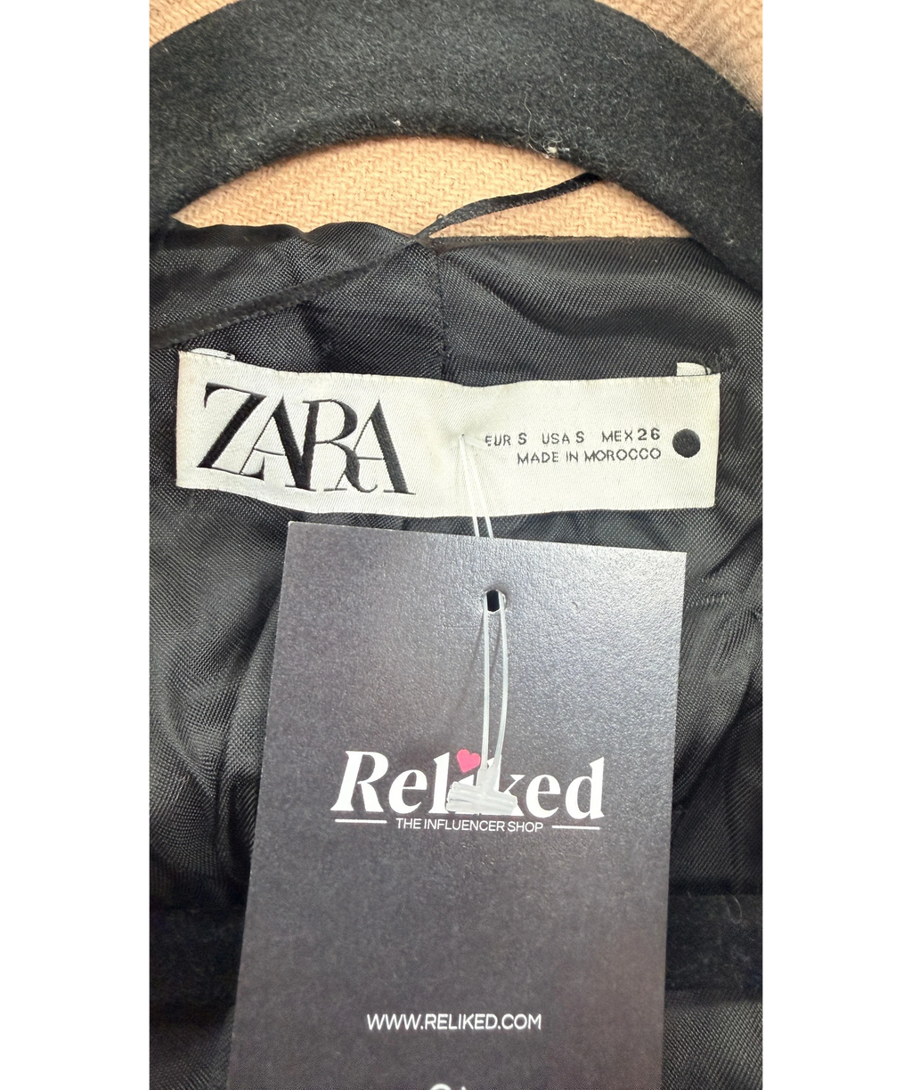ZARA Belted Wool Blend Coat Camel Beige UK S