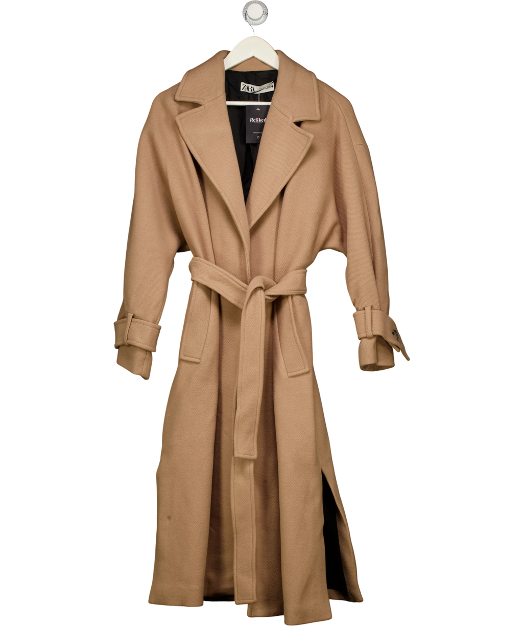 ZARA Belted Wool Blend Coat Camel Beige UK S