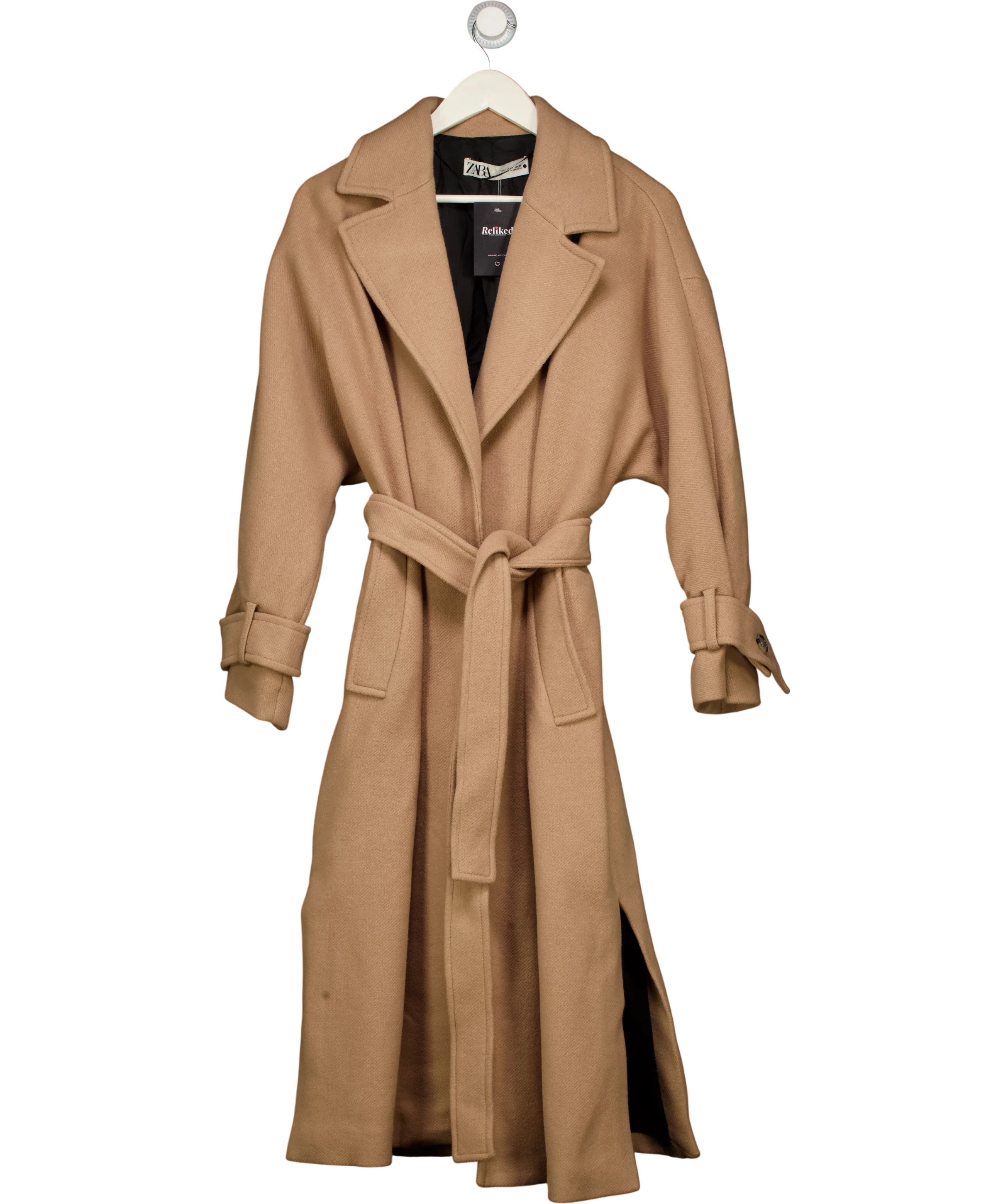 ZARA Belted Wool Blend Coat Camel Beige UK S