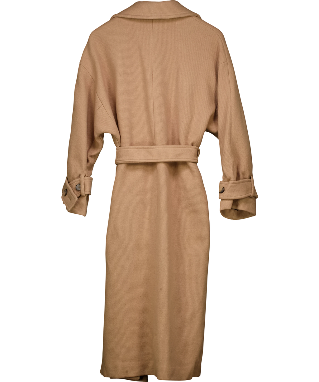 ZARA Belted Wool Blend Coat Camel Beige UK S