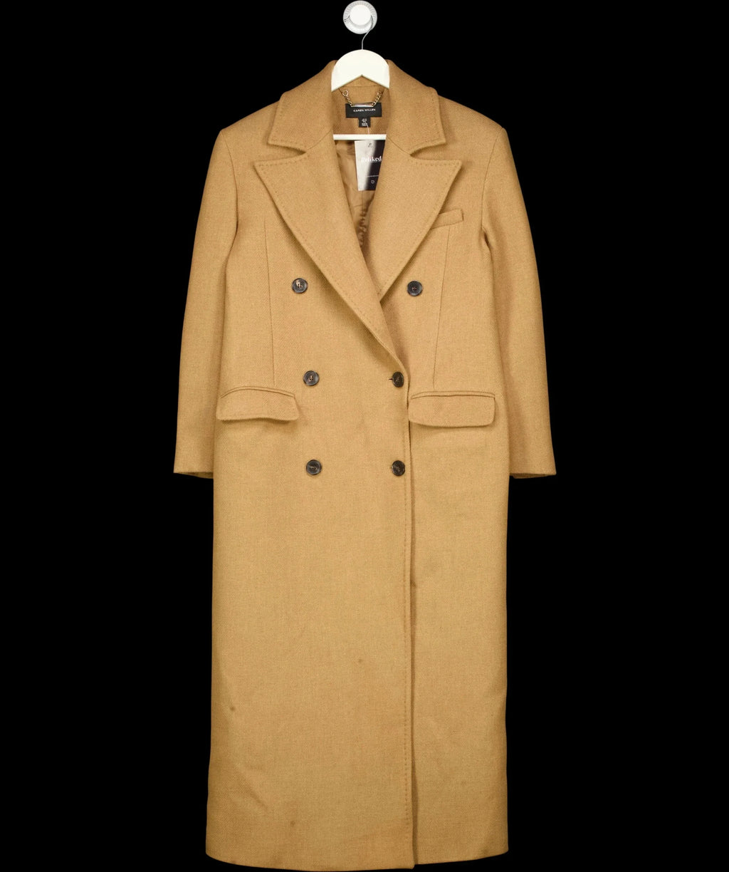 KAREN MILLEN Beige Camel Wool Double Breasted Tailored Maxi Coat, size UK 10 — detail