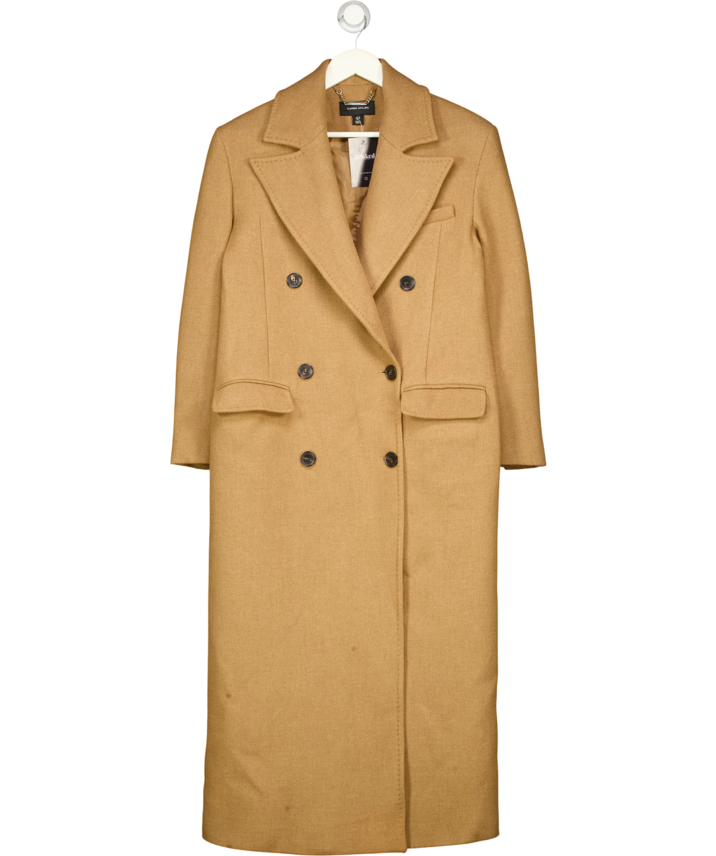 KAREN MILLEN Beige Camel Wool Double Breasted Tailored Maxi Coat, size UK 10 — front