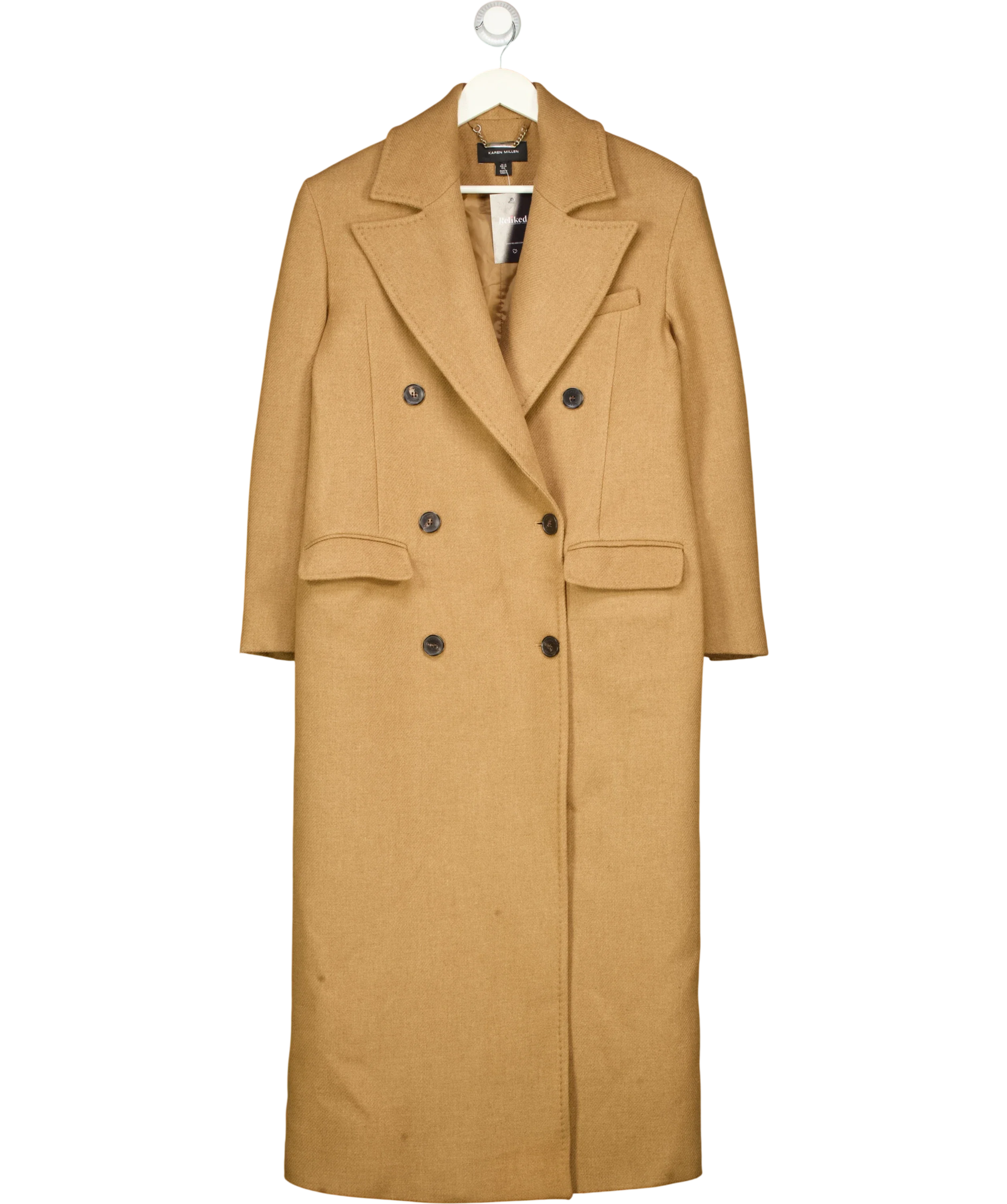 KAREN MILLEN Beige Camel Wool Double Breasted Tailored Maxi Coat, size UK 10 — front
