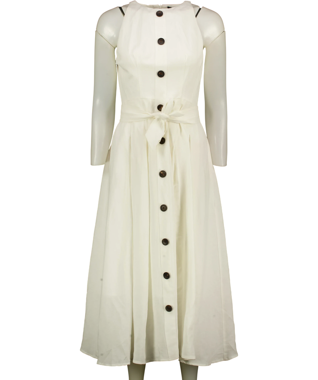 KAREN MILLEN Cream Viscose Linen Woven Belted Midi Dress Whit UK 8 — Front