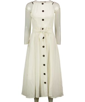 KAREN MILLEN Cream Viscose Linen Woven Belted Midi Dress Whit UK 8