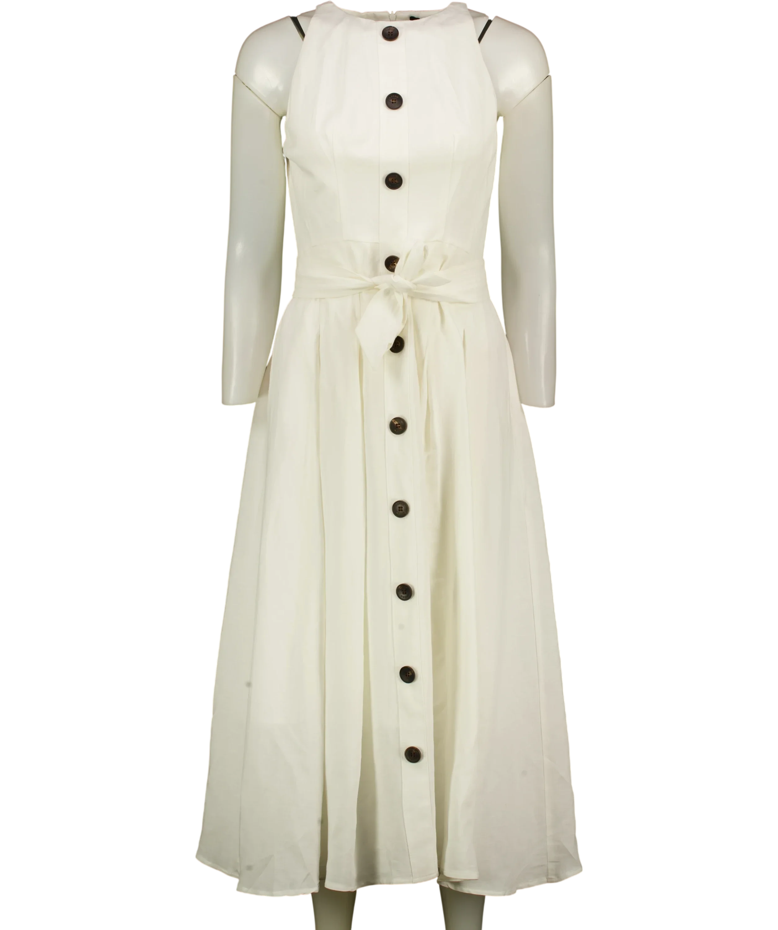 KAREN MILLEN Cream Viscose Linen Woven Belted Midi Dress Whit UK 8 — Front