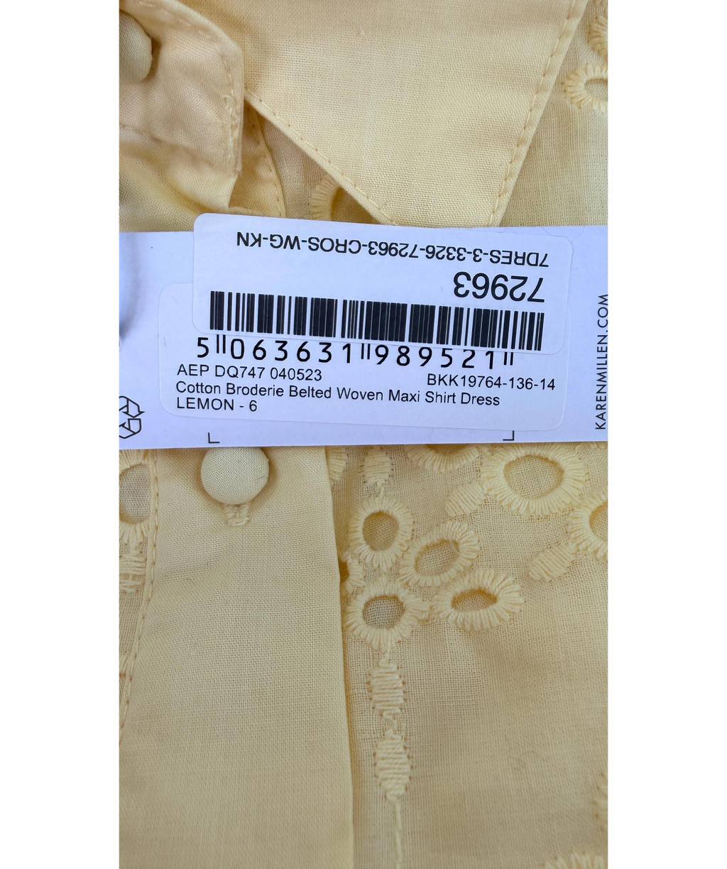 KAREN MILLEN Cotton Broderie Belted Woven Maxi Shirt Dress Lemon  Yellow UK 6