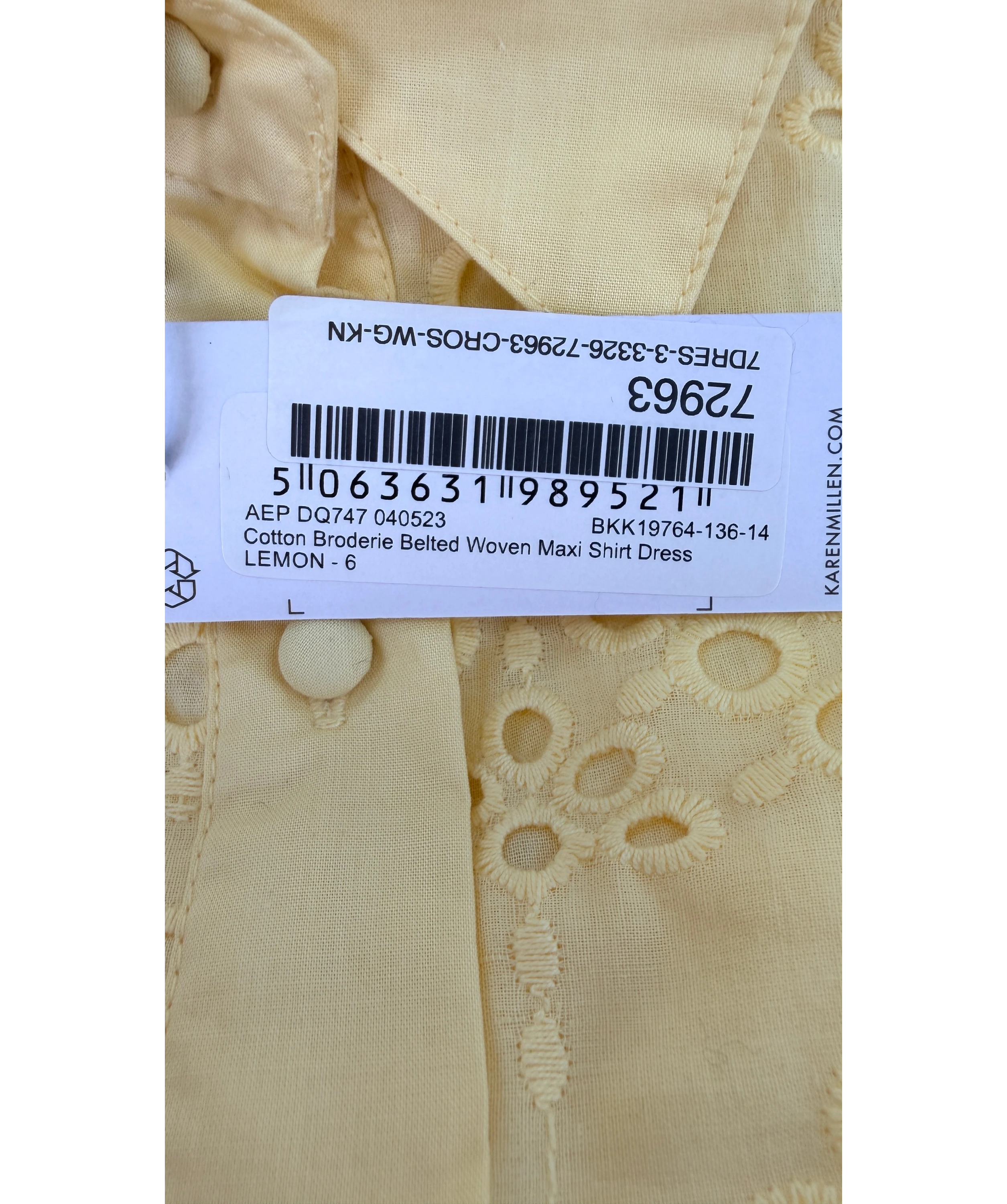 KAREN MILLEN Cotton Broderie Belted Woven Maxi Shirt Dress Lemon  Yellow UK 6