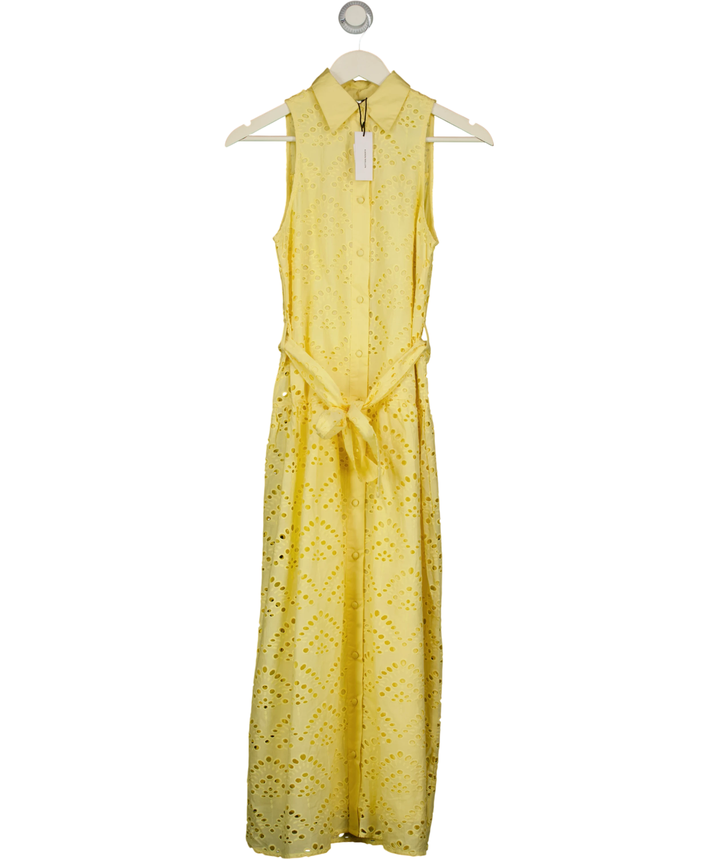 KAREN MILLEN Cotton Broderie Belted Woven Maxi Shirt Dress Lemon  Yellow UK 6