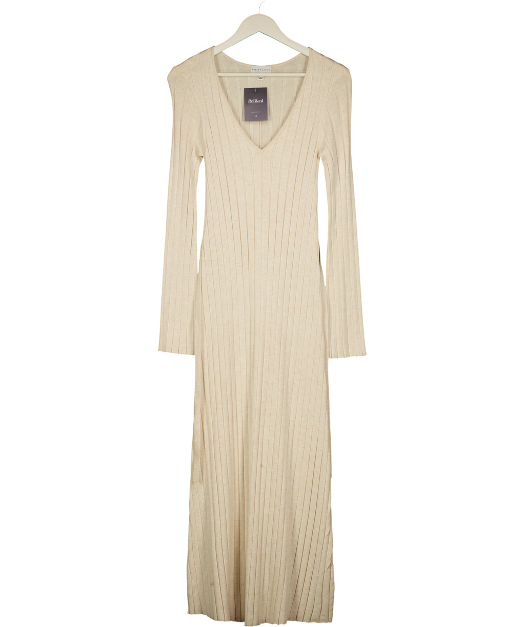 PRETTY LAVISH Beige Long Sleeve Wide Rib Maxi Knit Dress UK S — Front