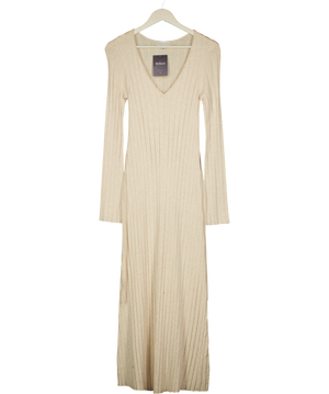PRETTY LAVISH Beige Long Sleeve Wide Rib Maxi Knit Dress UK S
