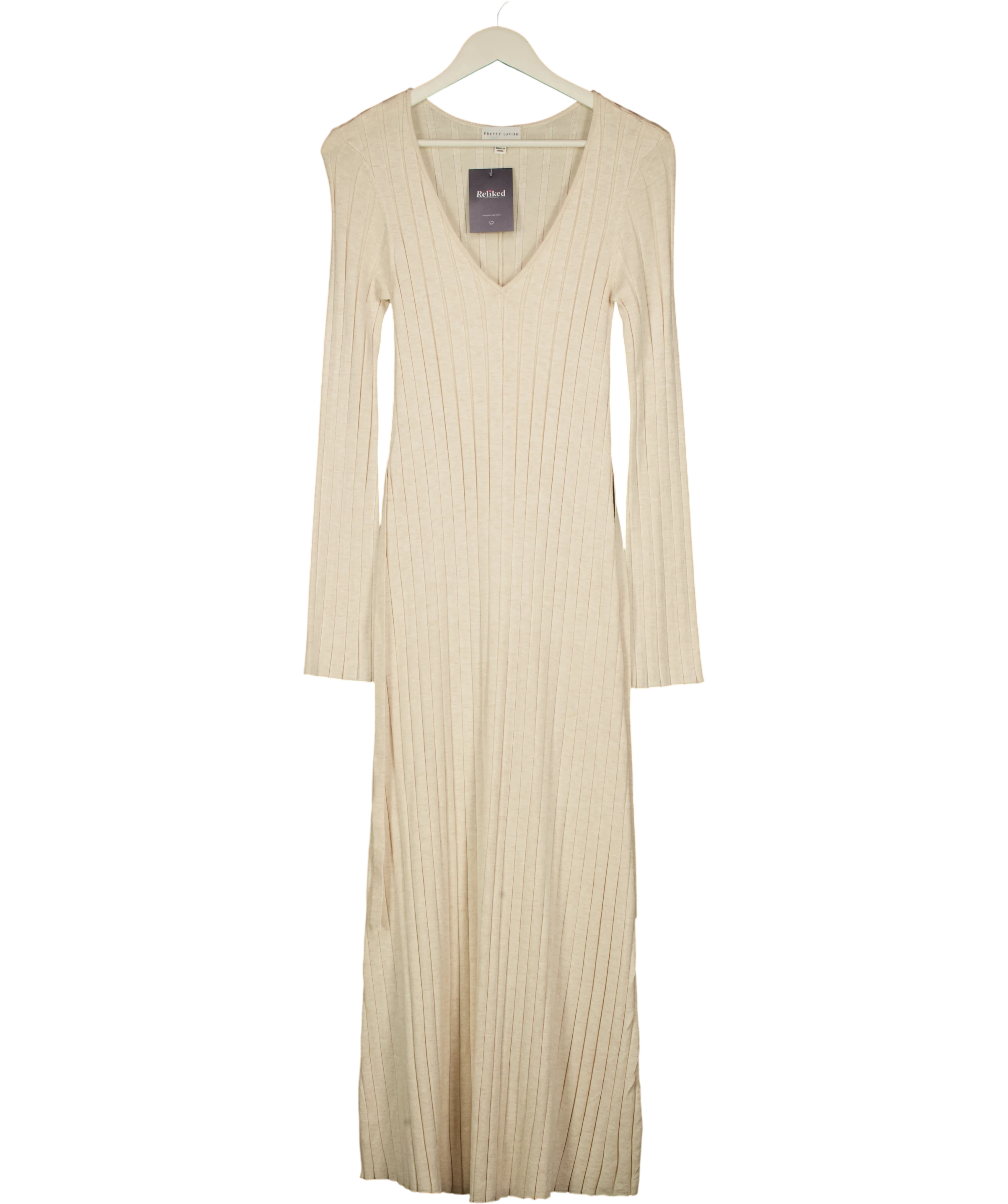 PRETTY LAVISH Beige Long Sleeve Wide Rib Maxi Knit Dress UK S — Front