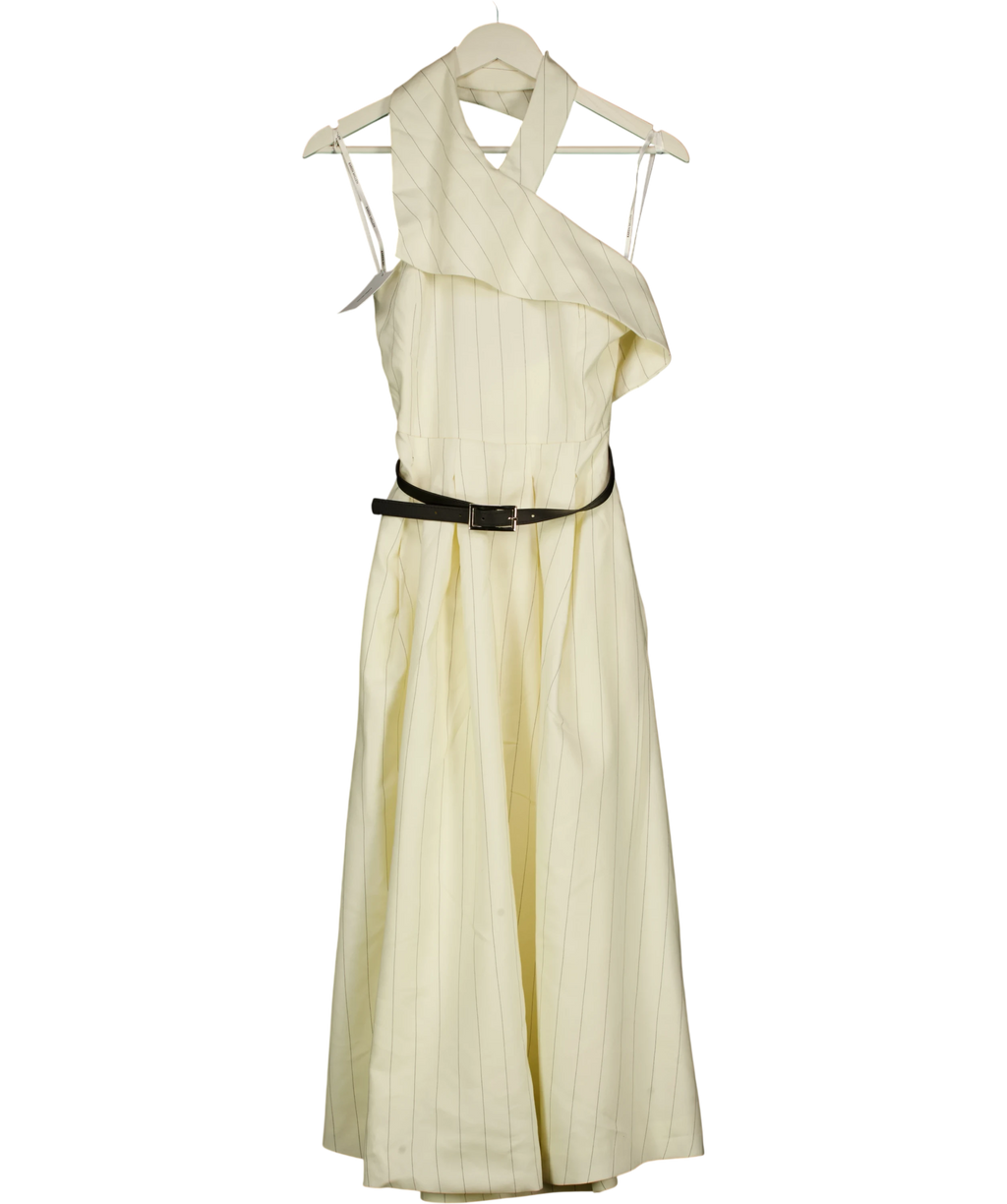 KAREN MILLEN Cream Premium Linen Viscose Pinstripe Halter Neck Midi Dress UK 6 — Front