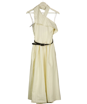 KAREN MILLEN Cream Premium Linen Viscose Pinstripe Halter Neck Midi Dress UK 6