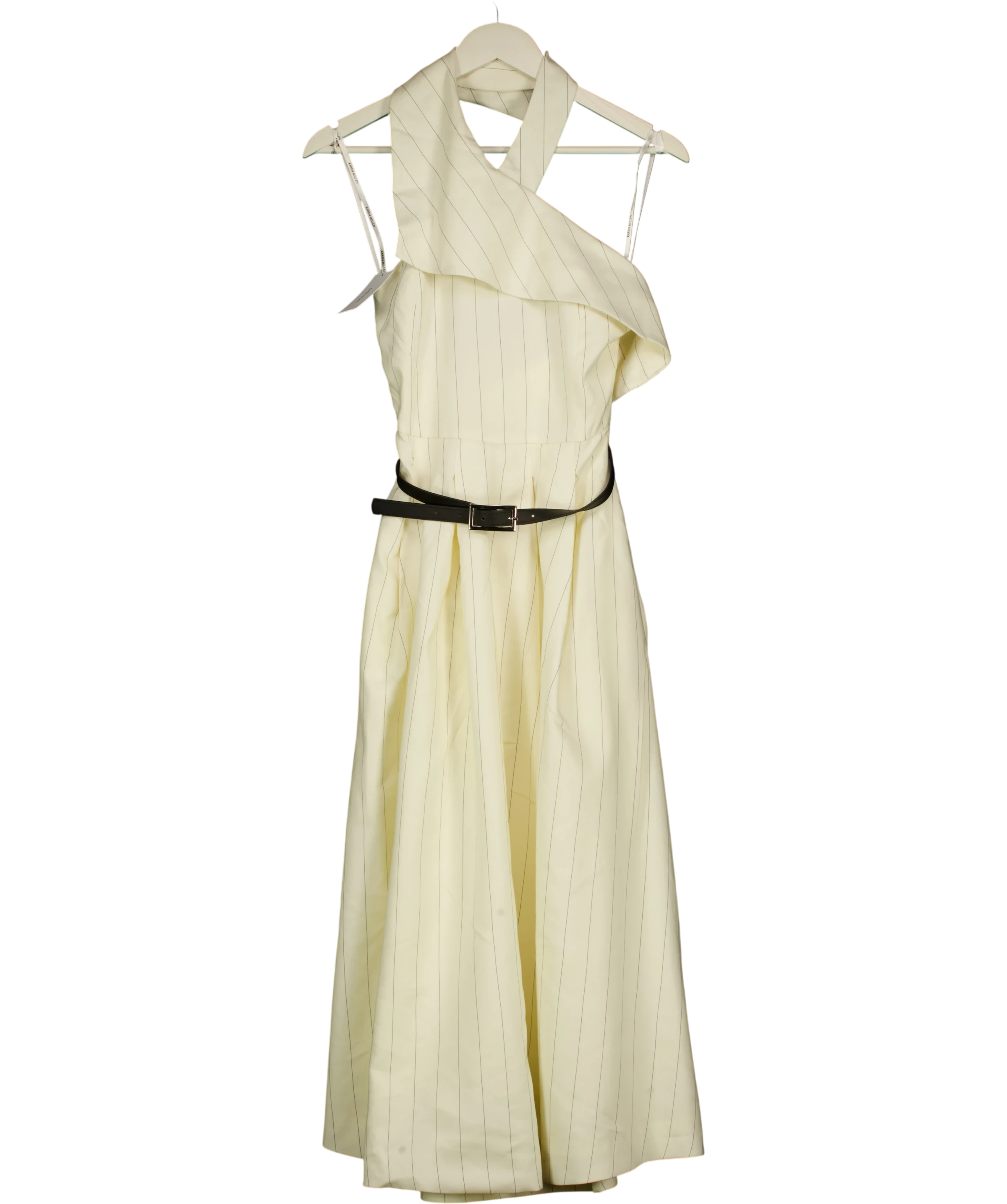 KAREN MILLEN Cream Premium Linen Viscose Pinstripe Halter Neck Midi Dress UK 6 — Front