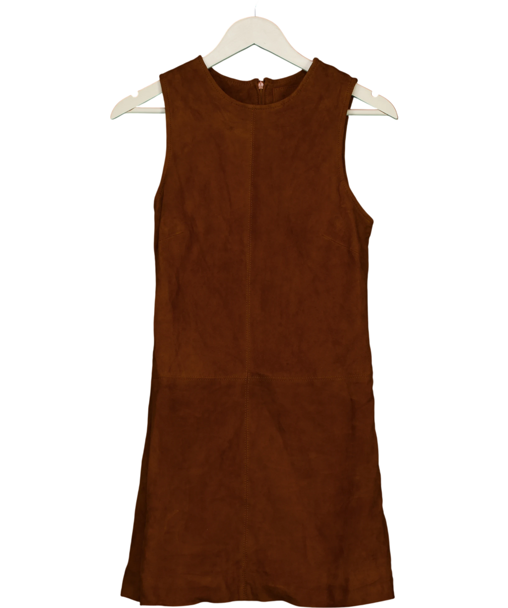 River Island Brown Tan Brown,real Suede Leather Sleeveless Shift Dress UK 8 — Front