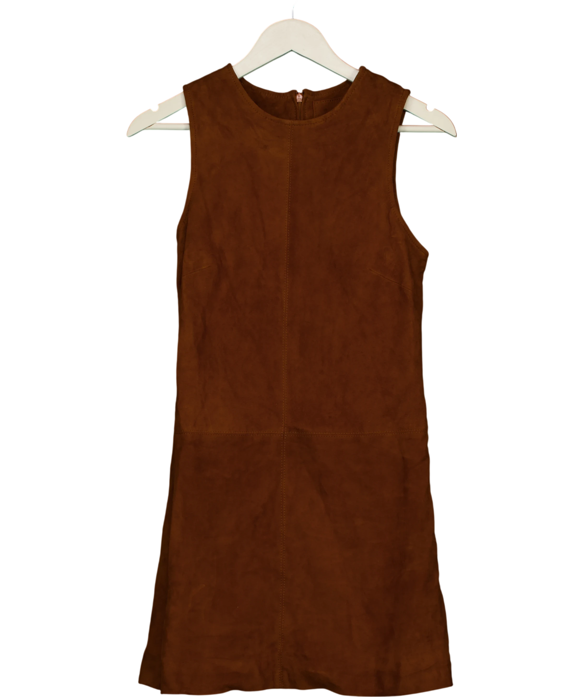 River Island Brown Tan Brown,real Suede Leather Sleeveless Shift Dress UK 8 — Front