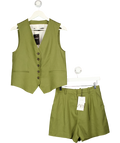 ZARA 2-piece Linen Blend Waistcoat And Shorts Set Khaki Green UK XS