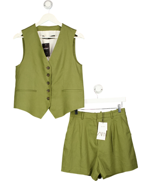 ZARA 2-piece Linen Blend Waistcoat And Shorts Set Khaki Green UK XS
