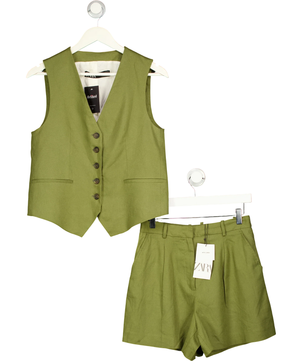 ZARA 2-piece Linen Blend Waistcoat And Shorts Set Khaki Green UK XS