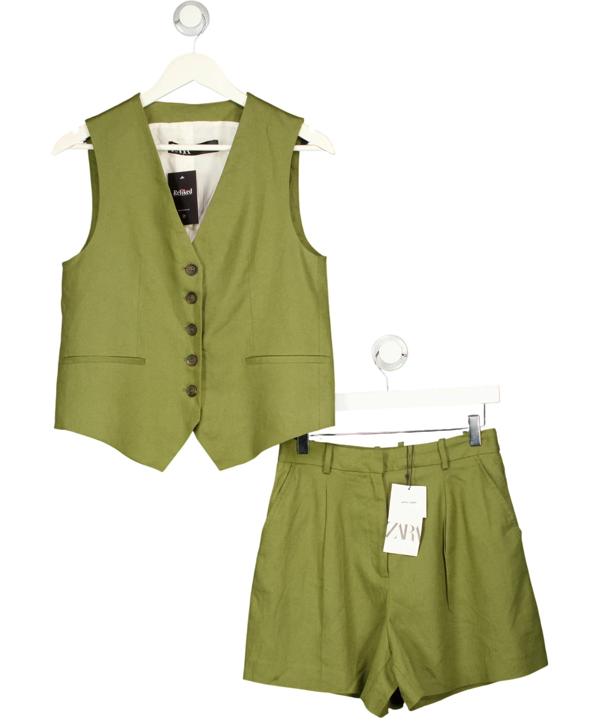 ZARA 2-piece Linen Blend Waistcoat And Shorts Set Khaki Green UK XS