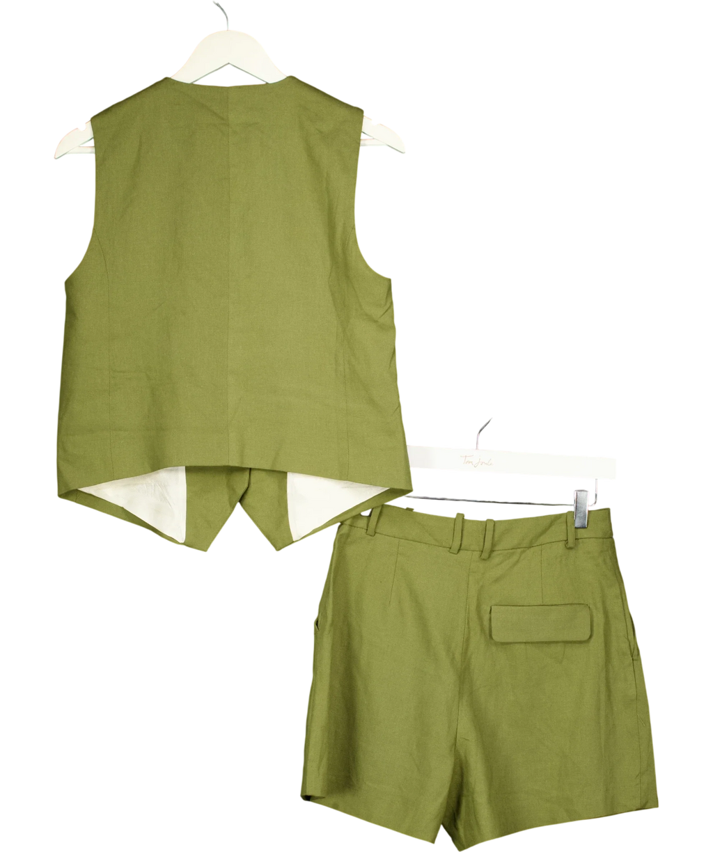ZARA 2-piece Linen Blend Waistcoat And Shorts Set Khaki Green UK XS