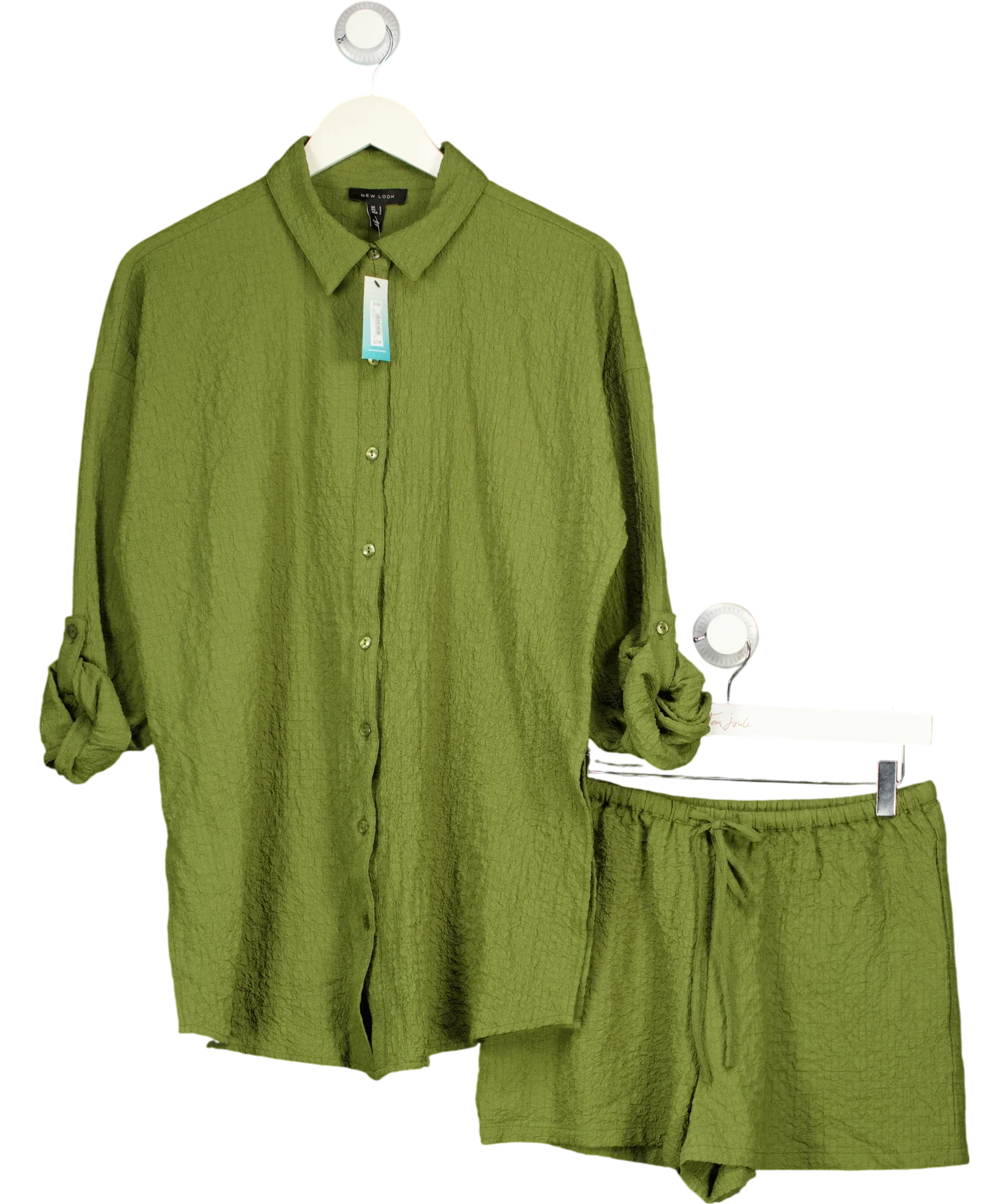 New Look Green Crinkle Shirt & Shorts Co-ord Set Olive UK S
