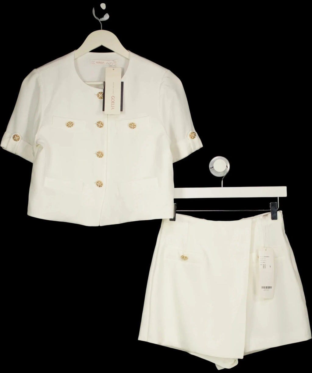 GOELIA White IVORY White Acetate 2-Piece Short Sleeve Blazer & Skort Set, size UK S — care label