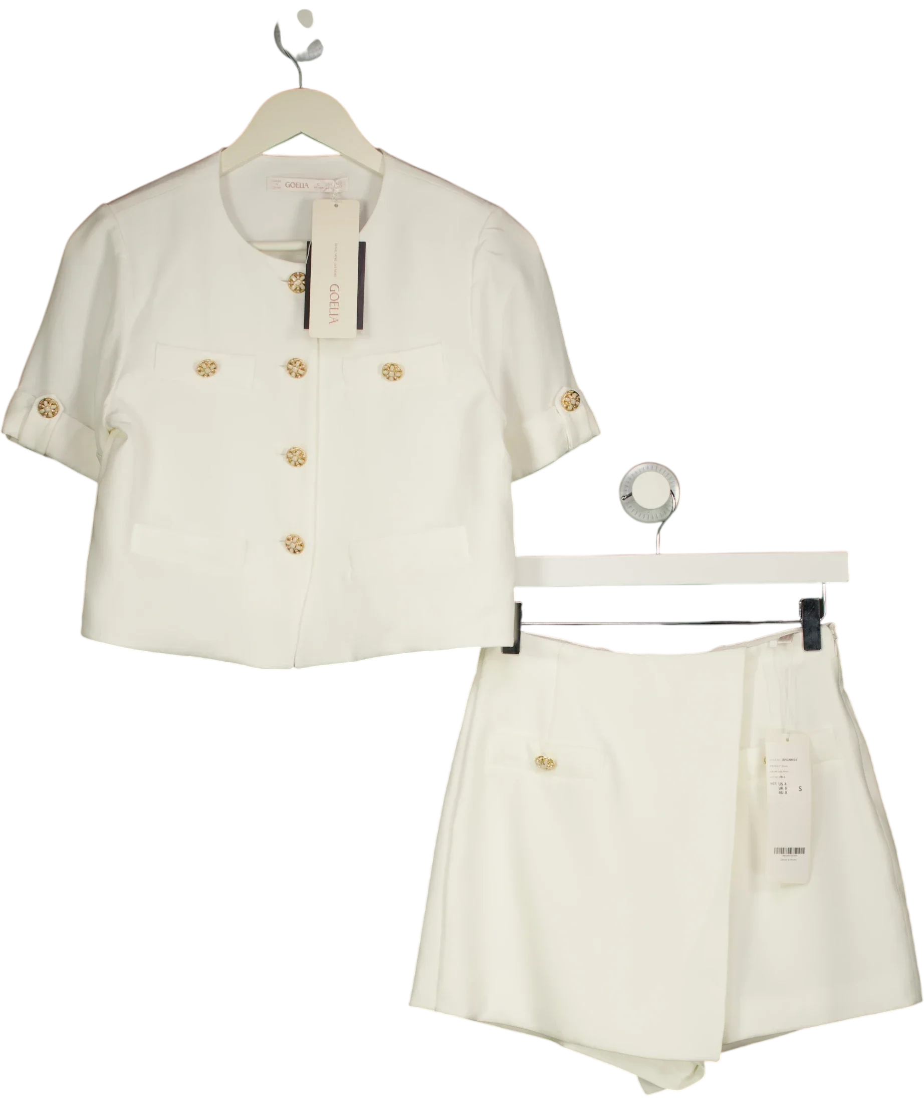 GOELIA White IVORY White Acetate 2-Piece Short Sleeve Blazer & Skort Set, size UK S — front