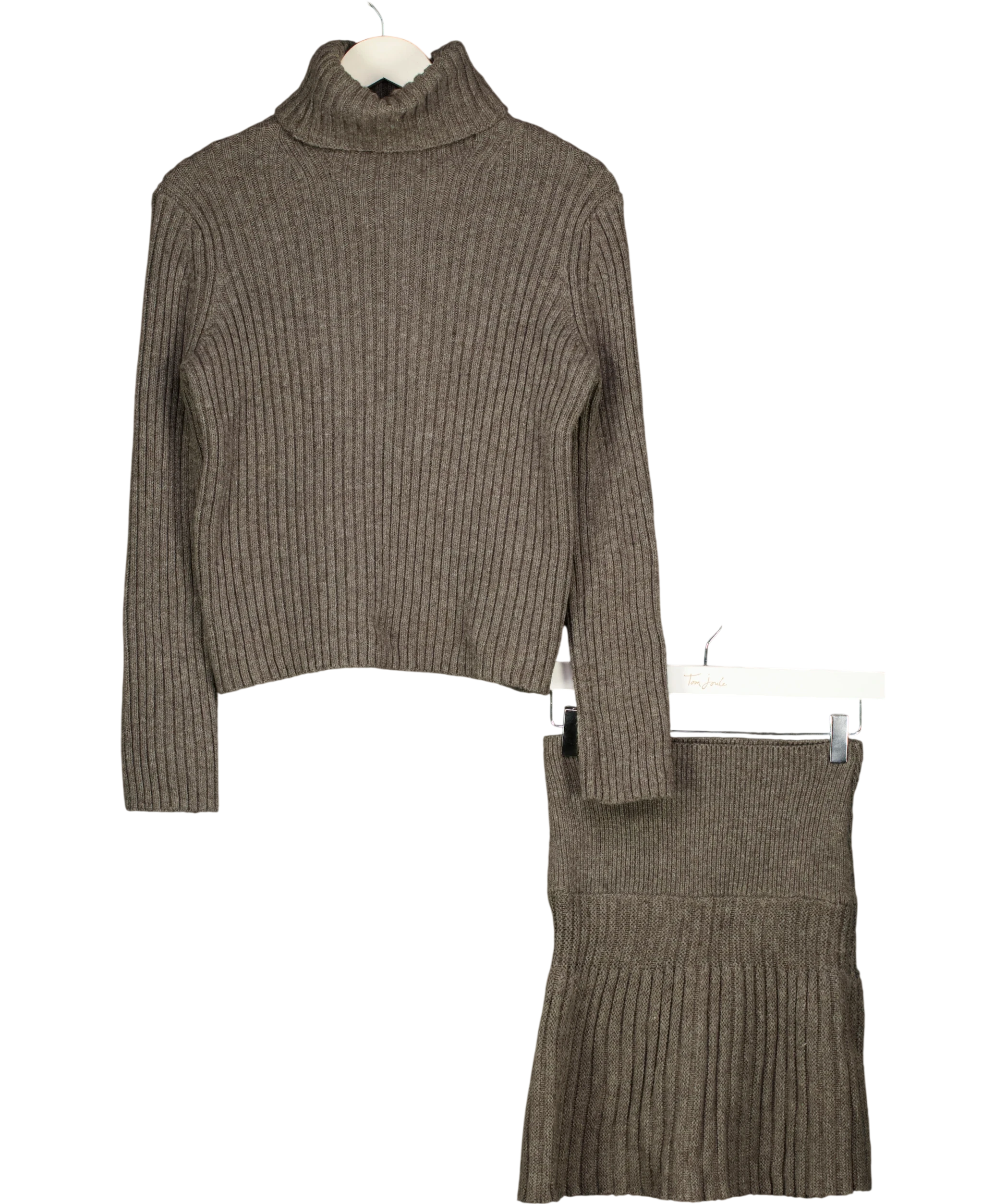 ZARA 2-piece Ribbed Wool Blend Roll Neck Jumper & Skirt Set Grey UK S