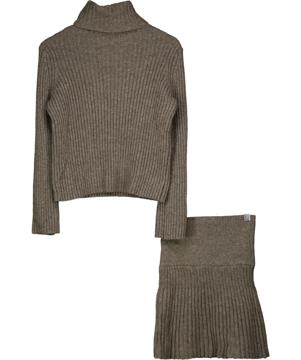 ZARA 2-piece Ribbed Wool Blend Roll Neck Jumper & Skirt Set Grey UK S