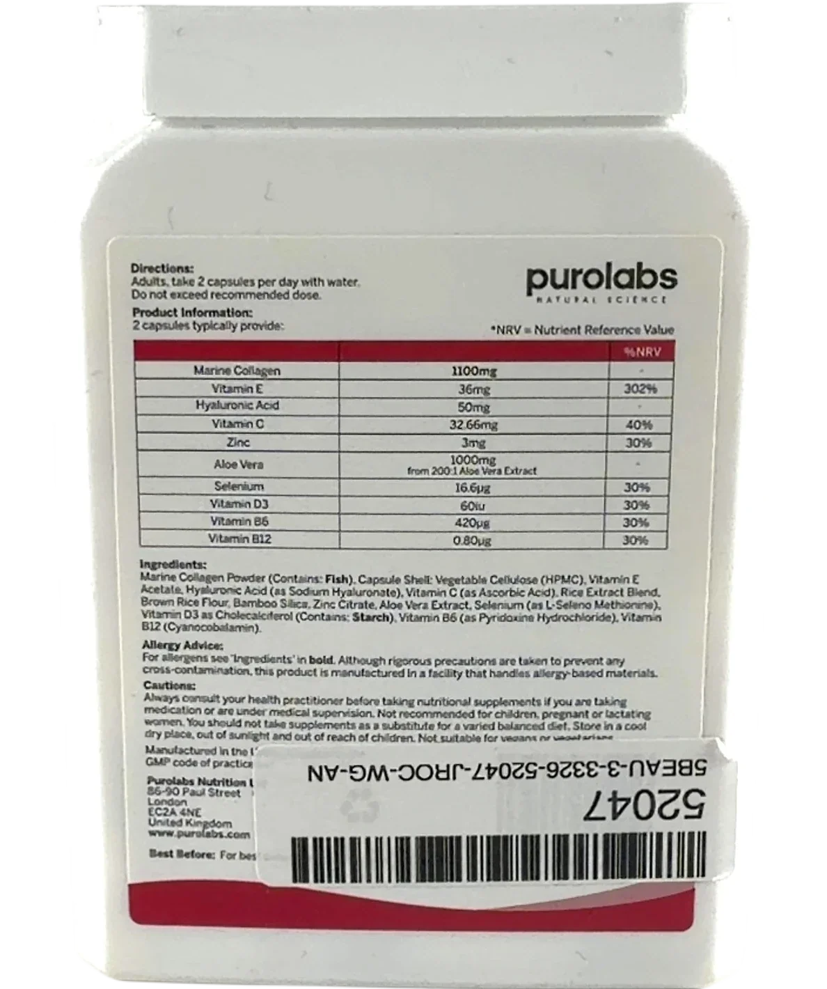 PUROLABS Collagen Complex, size X 60 CAPSULES — back