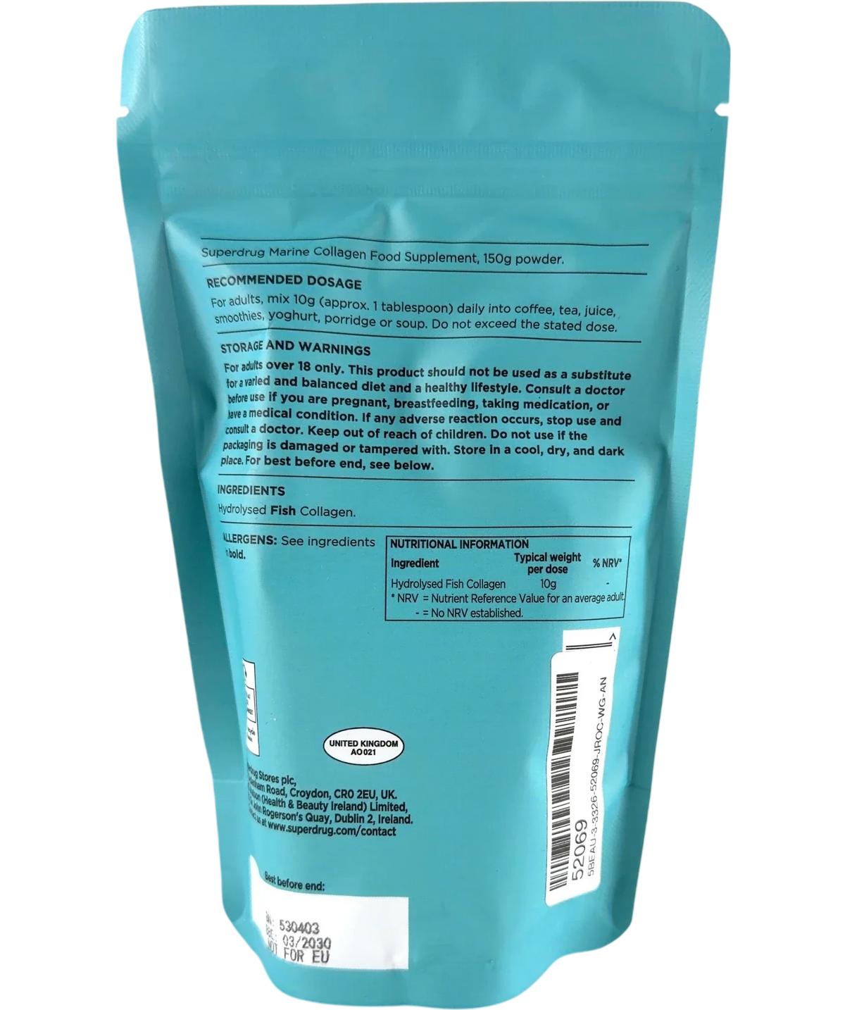 Superdrug Marine Collagen Unflavoured Powder, size 150g — back