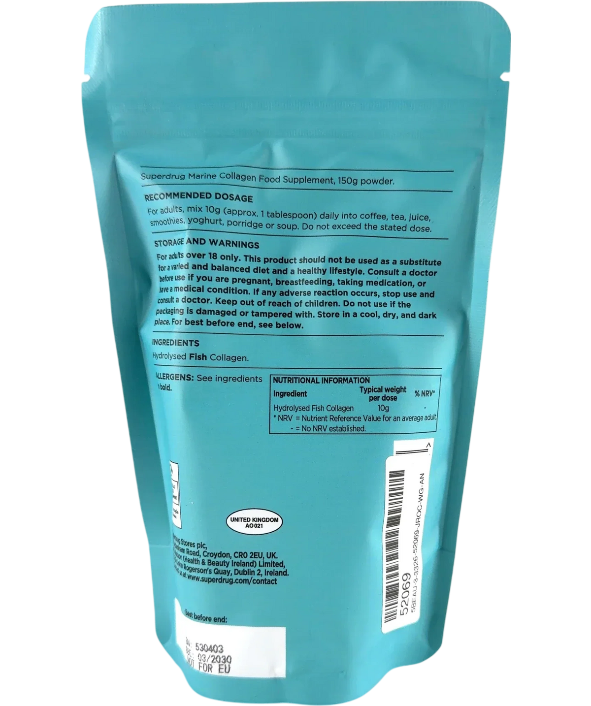 Superdrug Marine Collagen Unflavoured Powder, size 150g — back