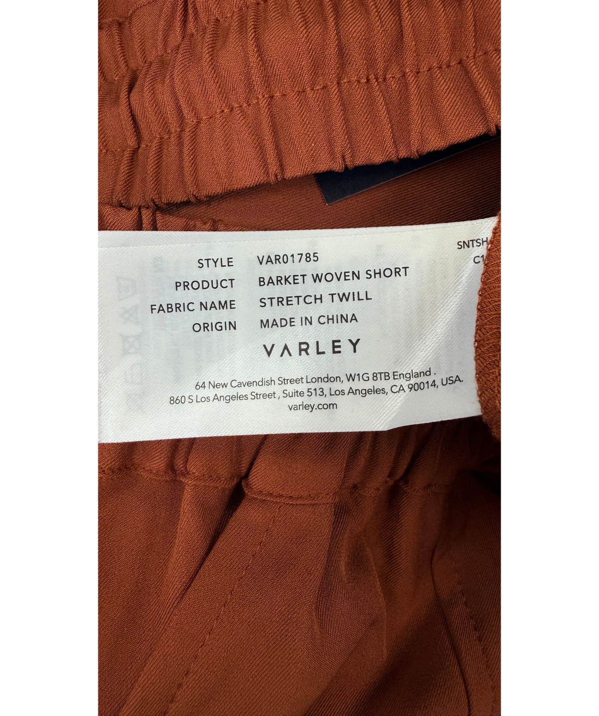 Varley Brown Barket Woven Short Stretch Twill Terracotta BROWN, size UK S — label