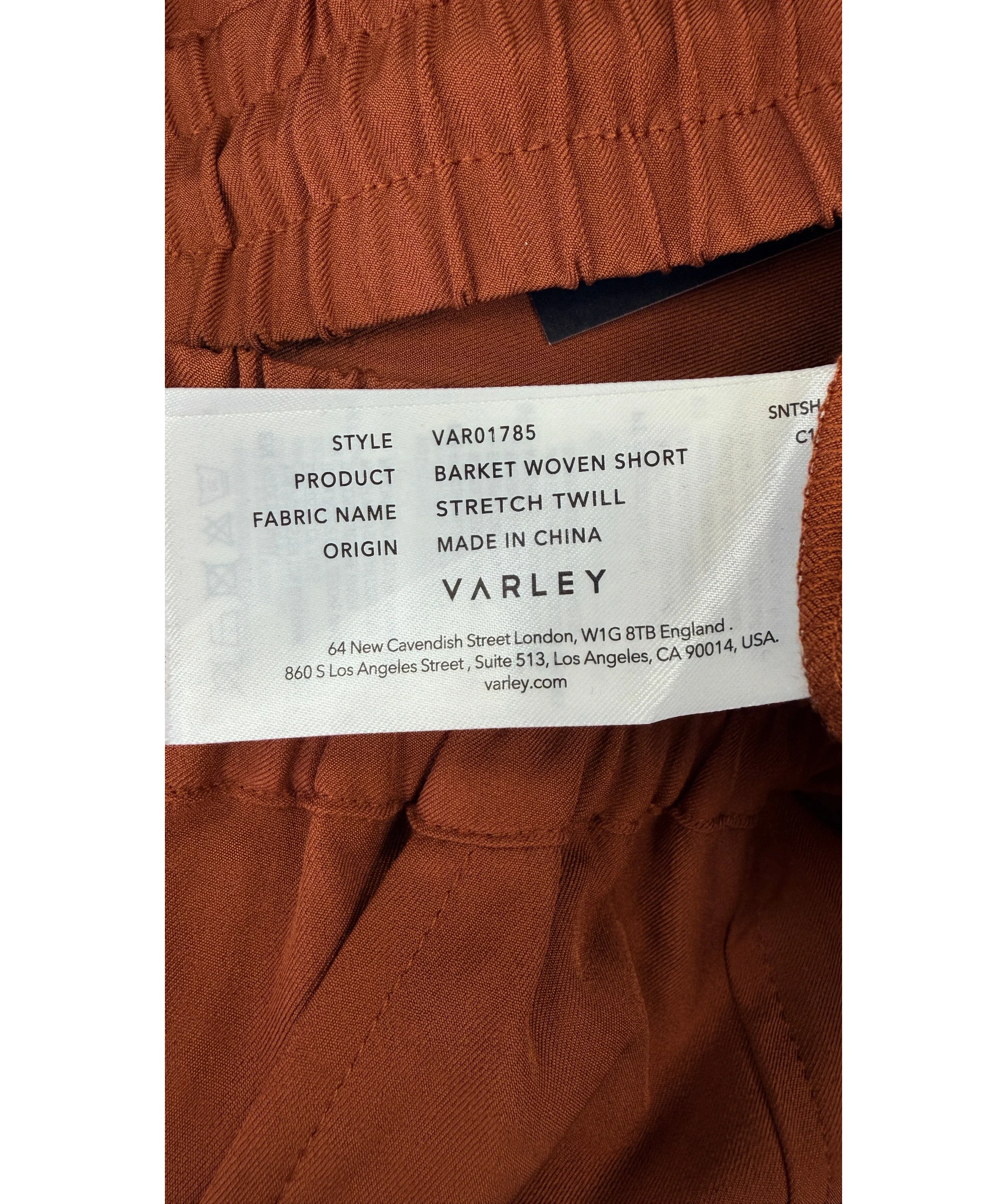 Varley Brown Barket Woven Short Stretch Twill Terracotta BROWN, size UK S — label