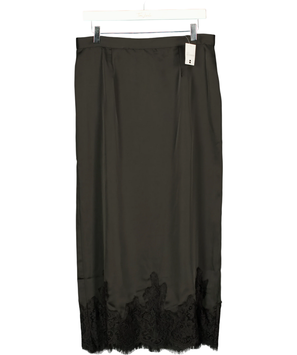 V by Very Black Lucy Mecklenburgh  Lace Trim Satin Midi Skirt Black, size UK L — front