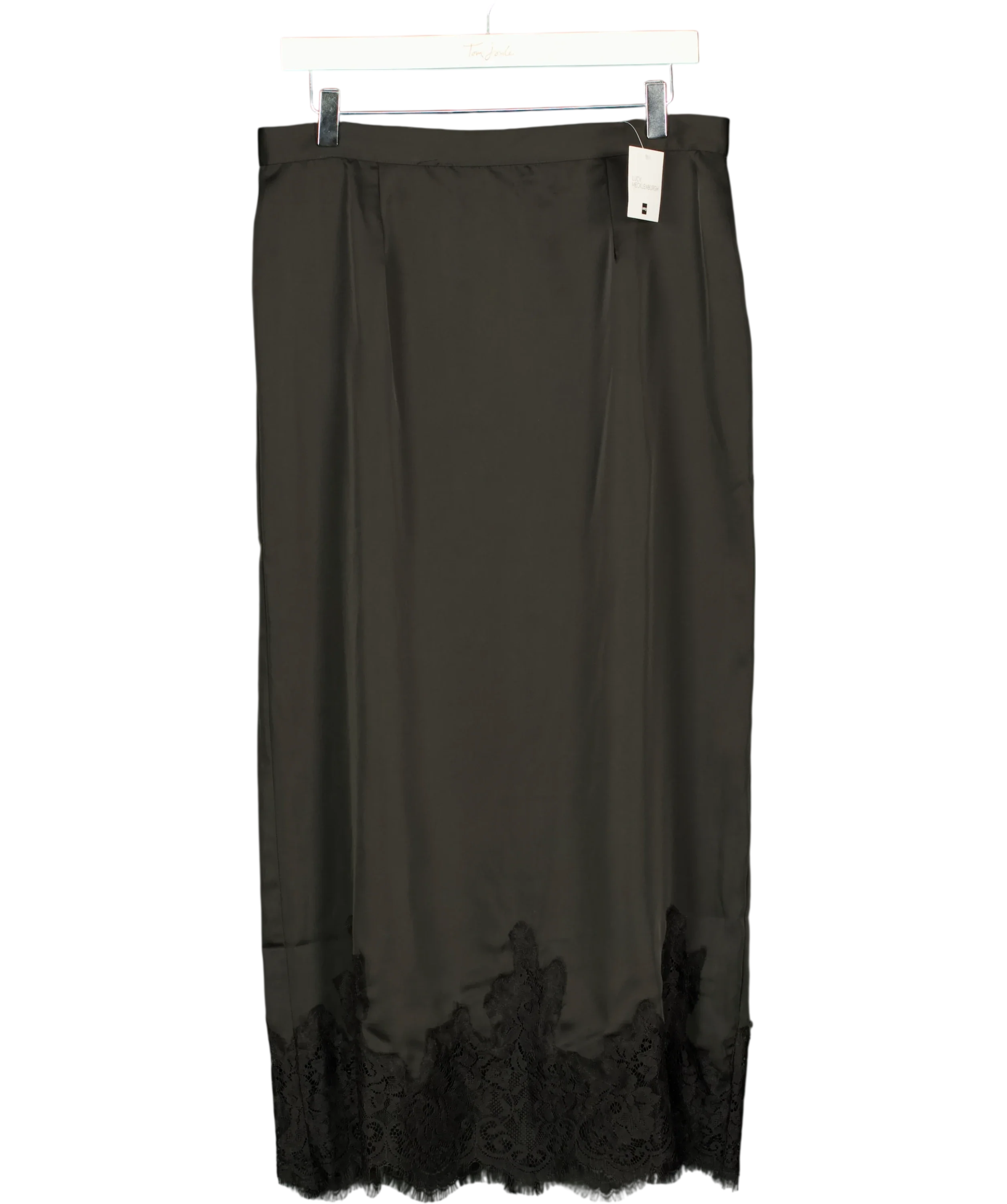 V by Very Black Lucy Mecklenburgh  Lace Trim Satin Midi Skirt Black, size UK L — front