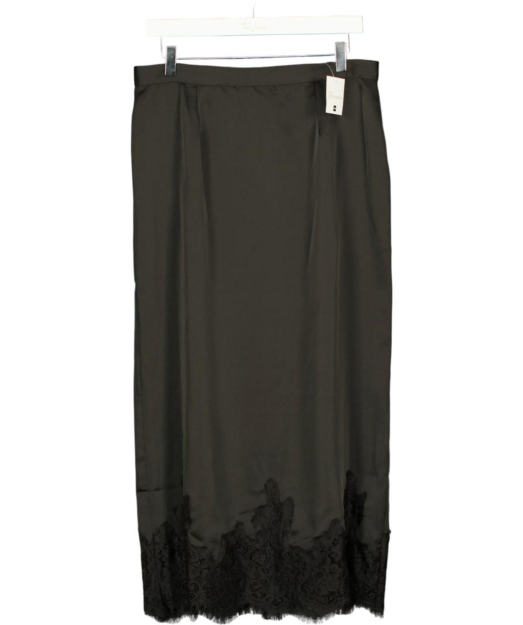 V by Very Black Lucy Mecklenburgh  Lace Trim Satin Midi Skirt Black, size UK L — front