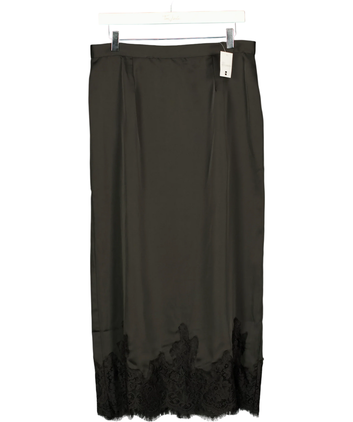 V by Very Black Lucy Mecklenburgh  Lace Trim Satin Midi Skirt Black, size UK L — front