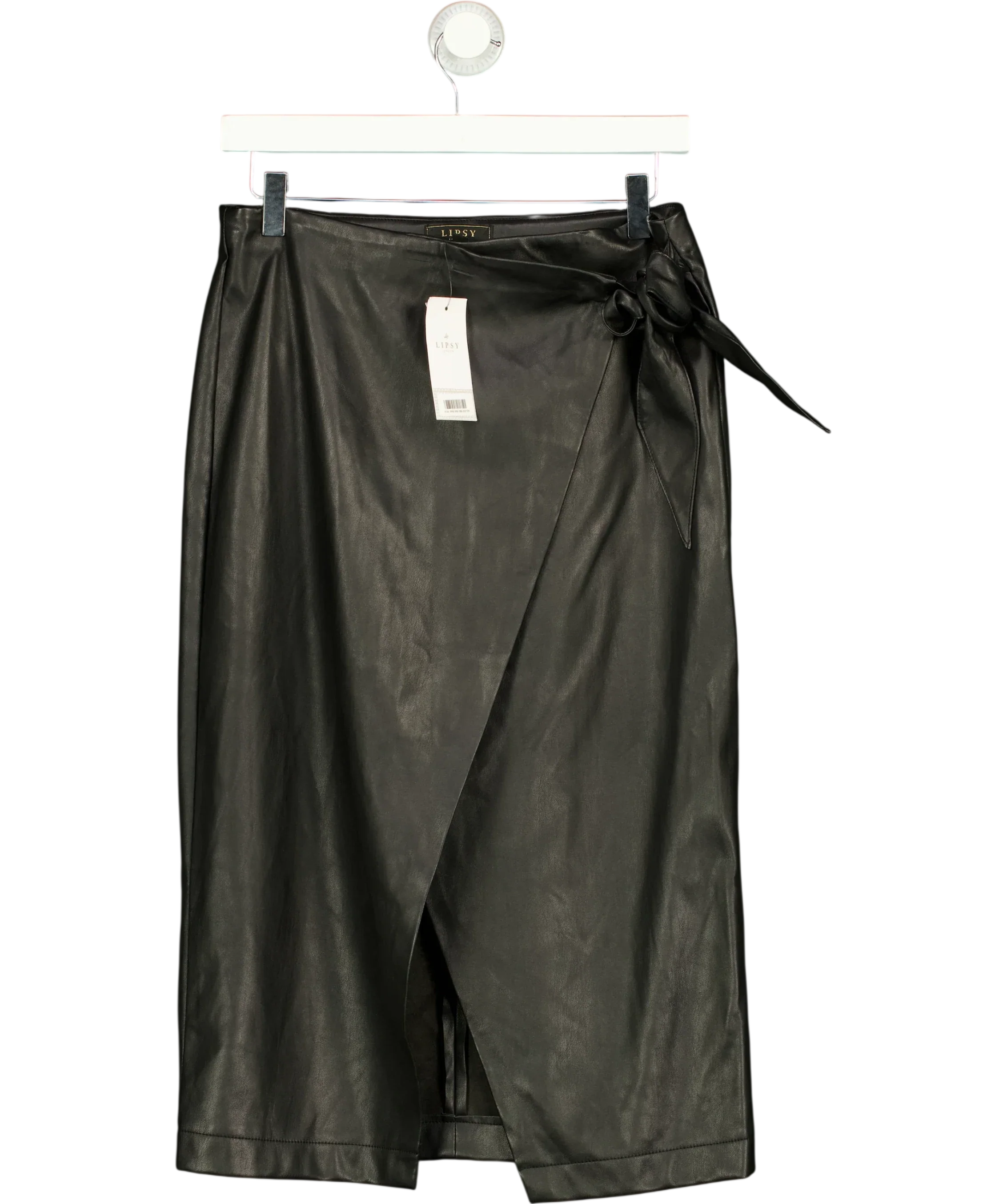 Lipsy Black Black Faux Leather Wrap Midi Skirt, size UK 12 — front