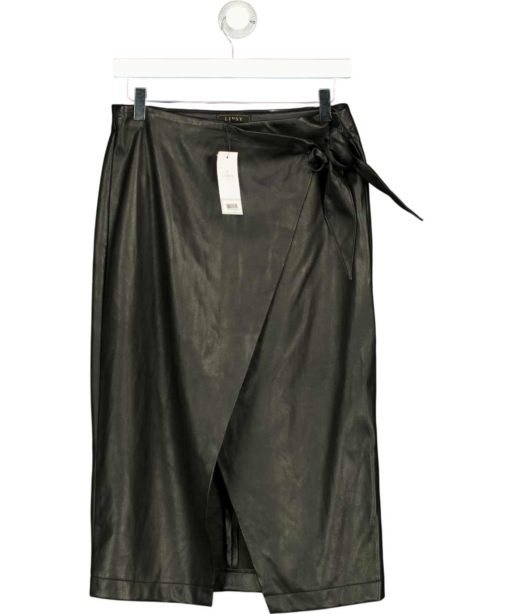 Lipsy Black Black Faux Leather Wrap Midi Skirt, size UK 12 — front